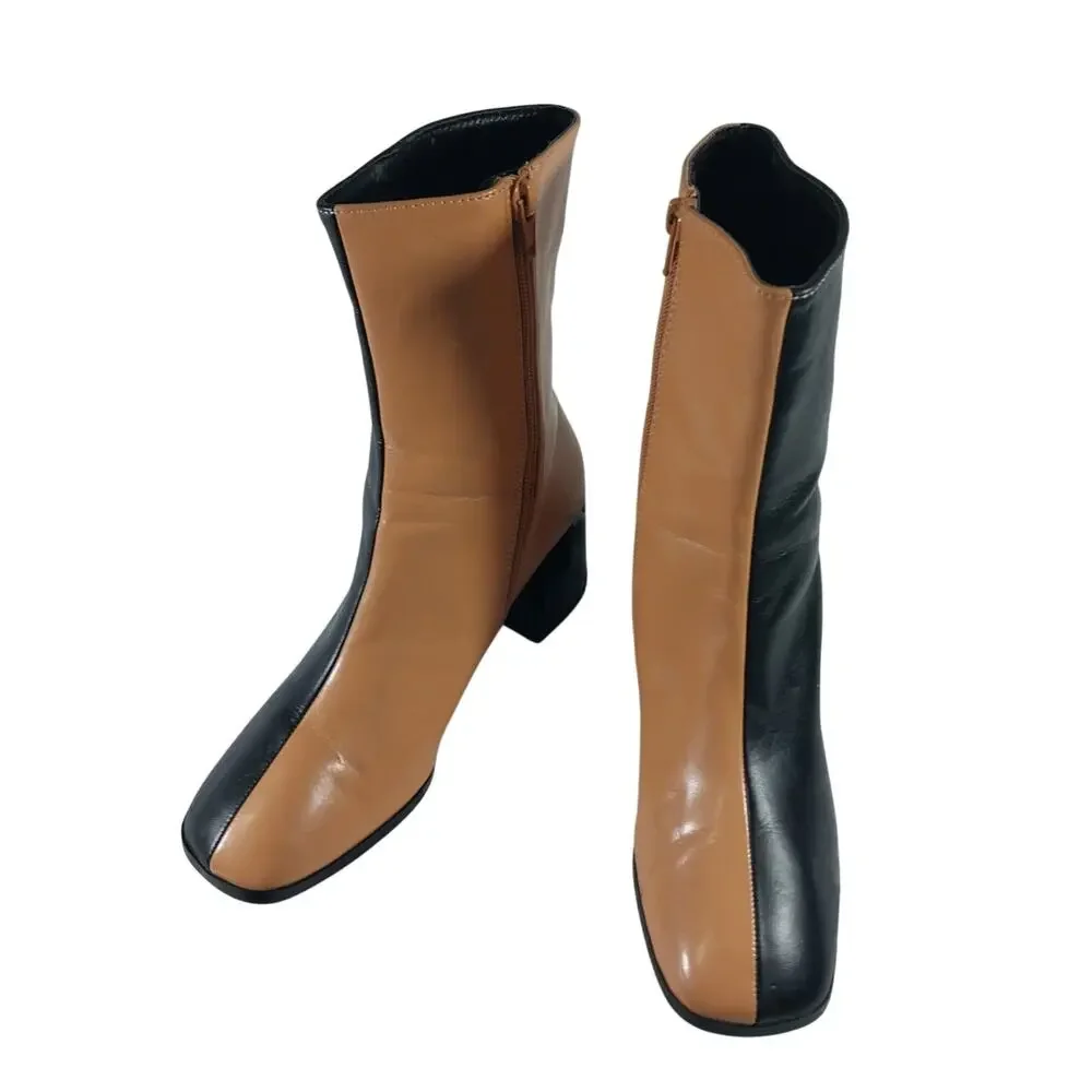 CODE Z! BLACK & TAN BEIGE SPLIT COLOR, CENTER SEAM, CHUNKY HEEL ANKLE BOOTS! 5M - Picture 3 of 12